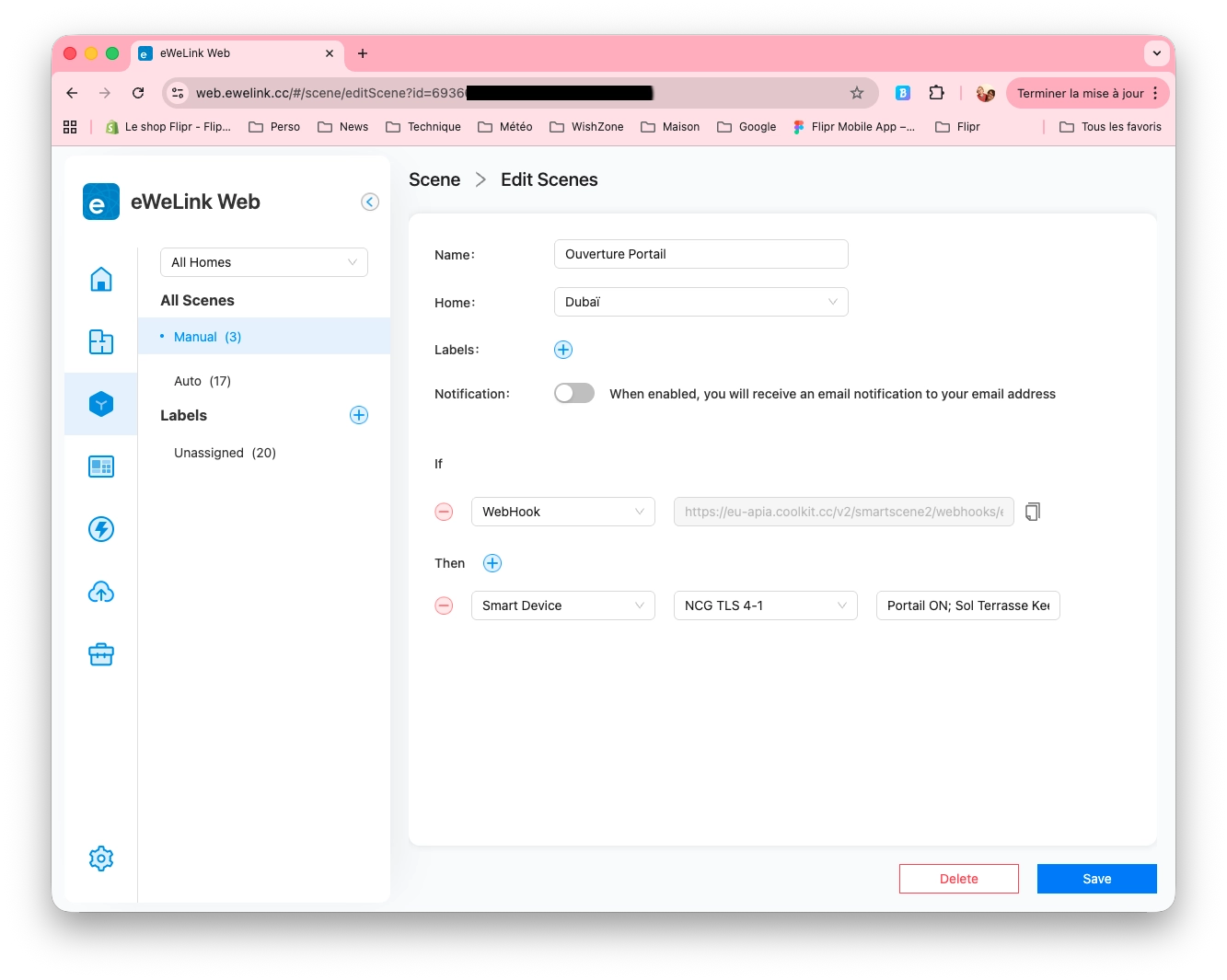 eWeLink Web — scene with webhook trigger