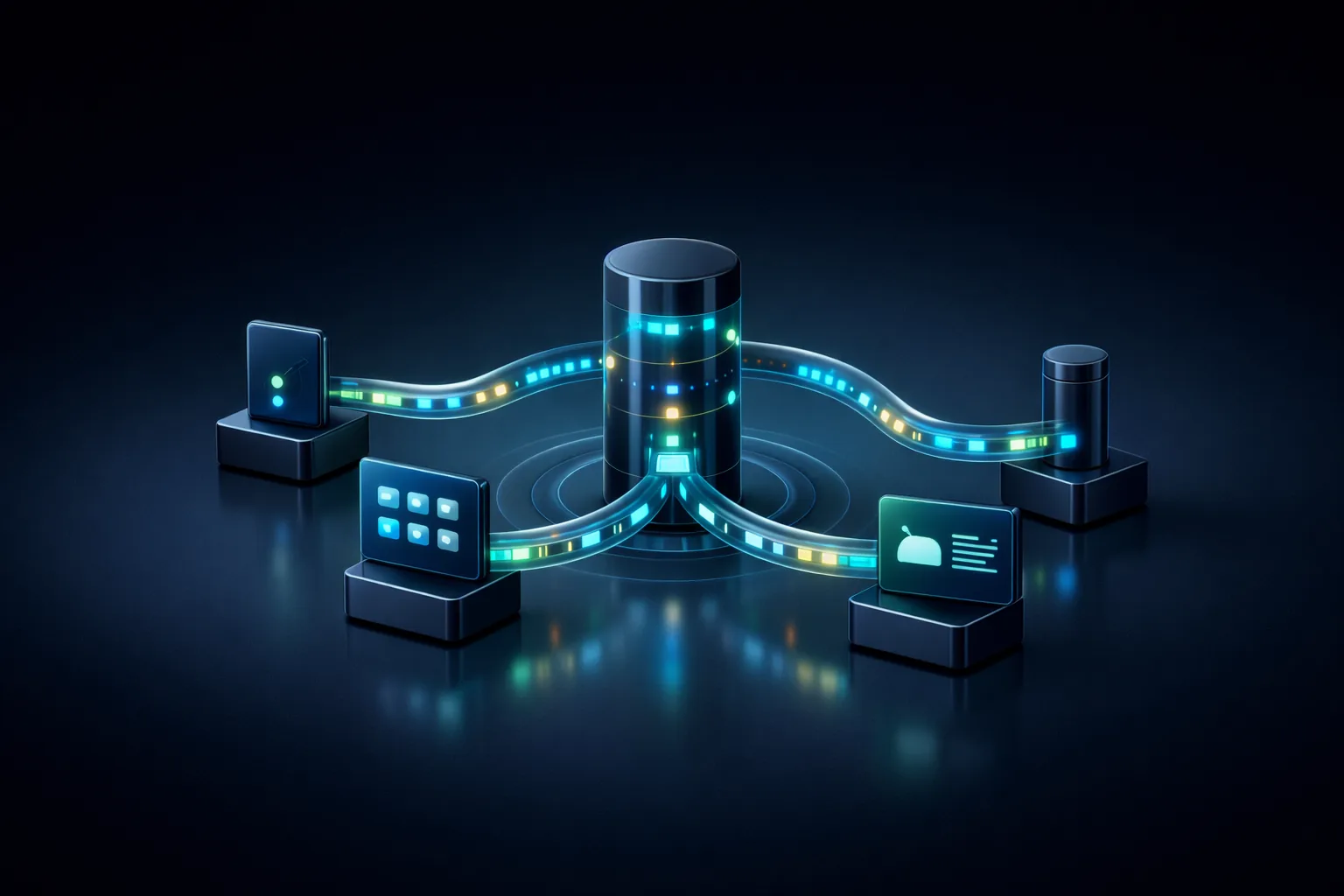 Pilier broker glossy isometrique avec devices connectes et points lumineux publish/subscribe